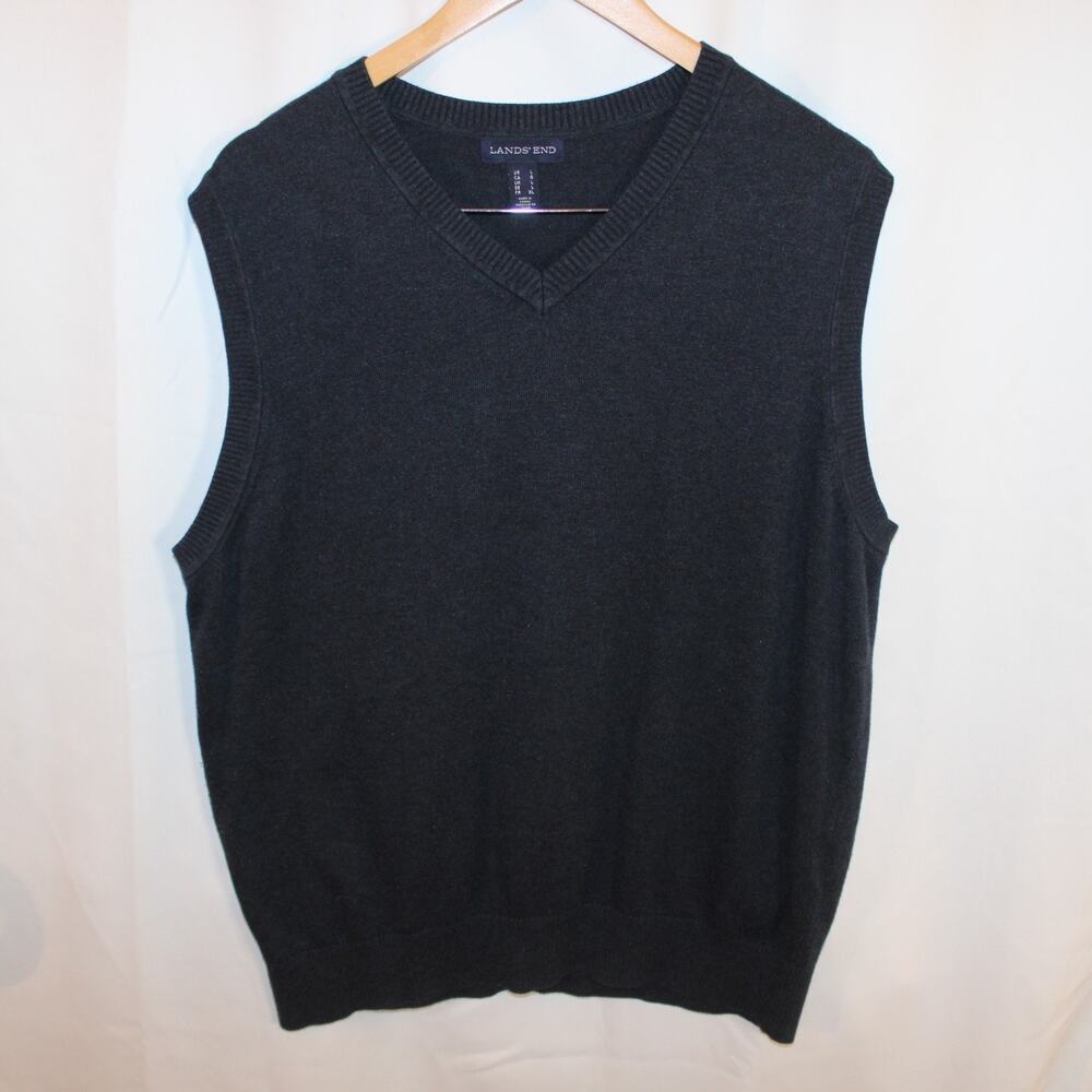 Lands' End Men's Gray V-Neck Sweater Vest Size L Cotton Modal Knit